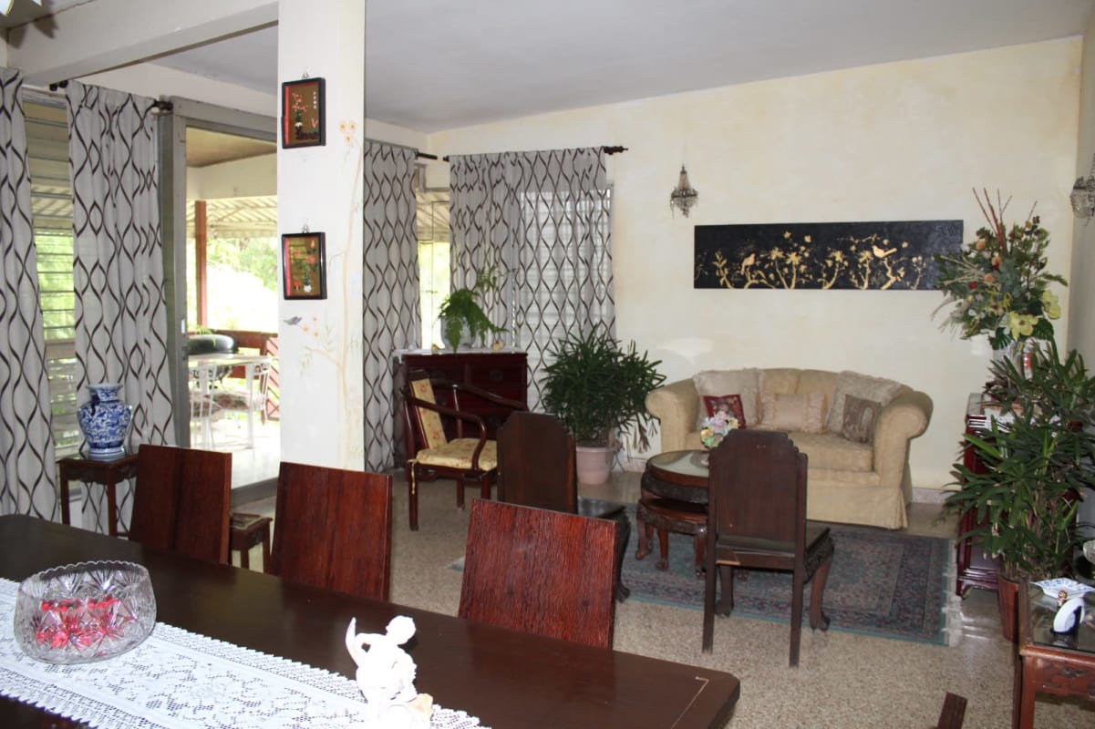 Open plan living dining with wood furniture and plants Las Cumbres Panama