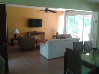 Spacious living and dining open area with tropical accents at beach villa for sale