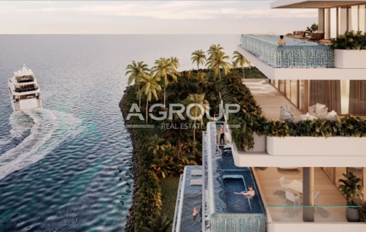 Aerial of luxury man-made island with marina, waterfront condos Ocean Reef Panama City