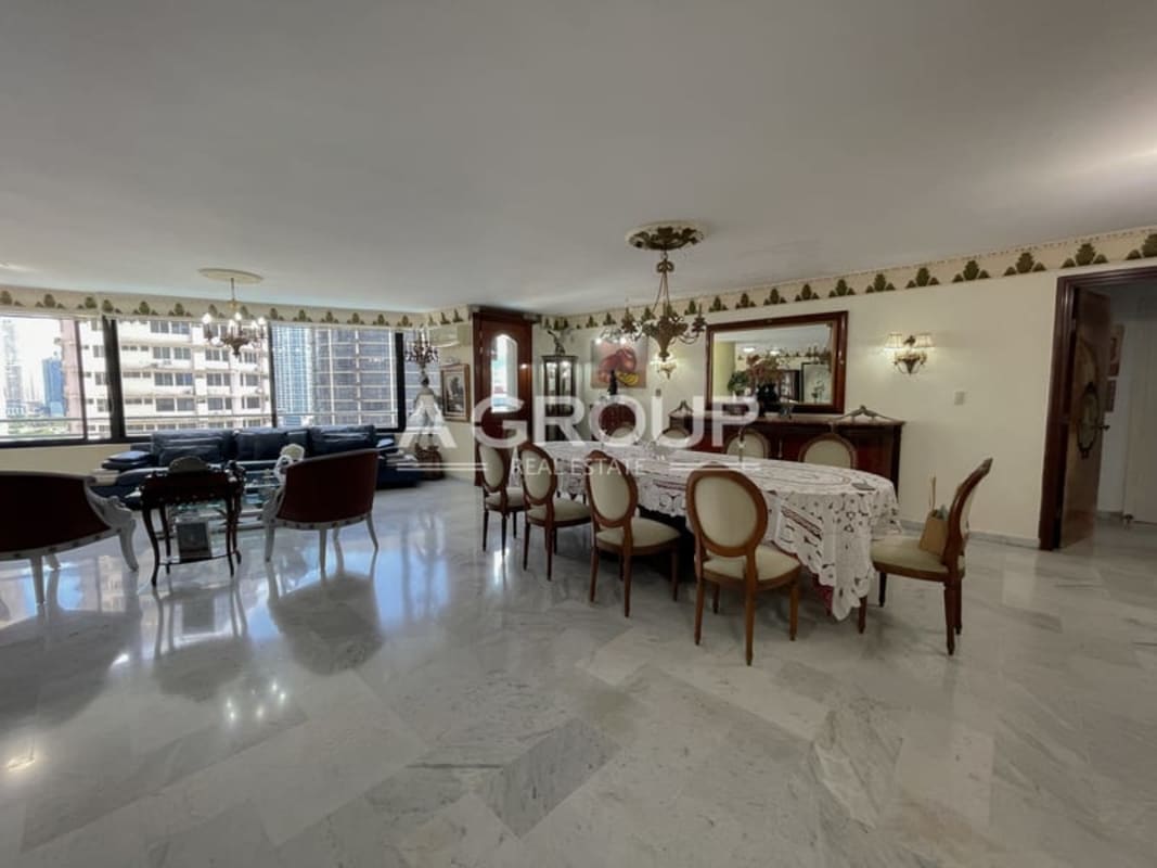 Open concept living dining with marble floors, panoramic windows at PH Bayshore Punta Paitilla