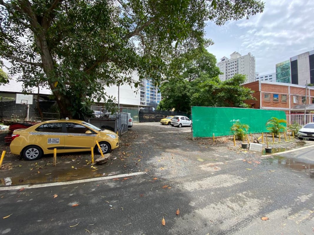 Urban commercial lot for sale with mature trees, fencing, and potential for high-rise development.