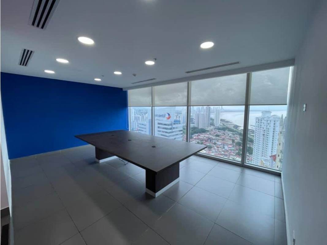 Modern corporate conference room with blue accent wall and full-height windows at Oceania Panama