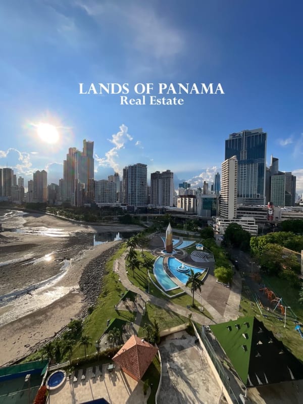 Aerial view of Panama City skyline, waterfront Cinta Costera, luxury towers Punta Paitilla