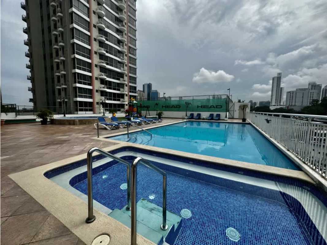 Covered outdoor seating and recreation area with ping pong tables in PH San Francisco Bay Panama