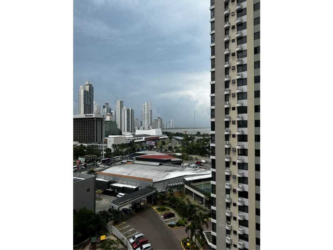 Sea view and city skyline panorama from balcony of apartment in PH San Francisco Bay Panama City