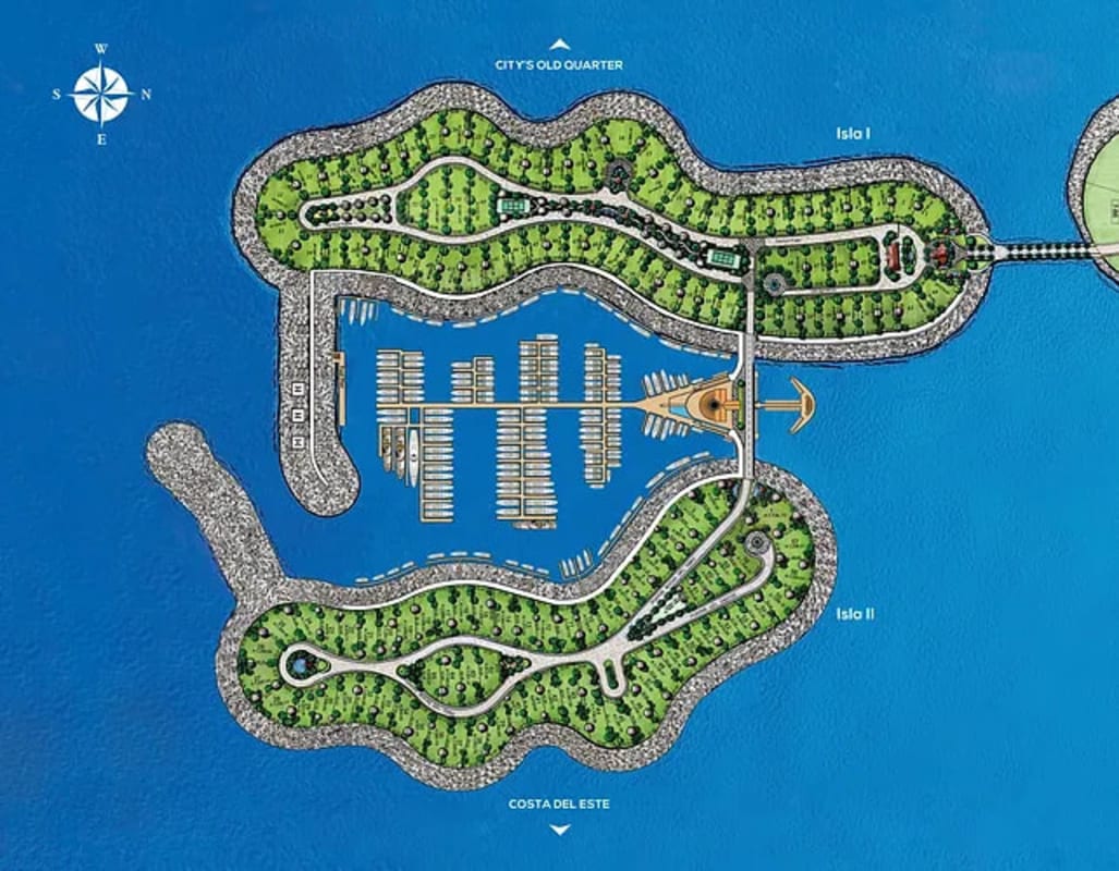Aerial view Ocean Reef Islands with integrated marina artificial islands off Punta Pacífica Panama