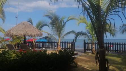 Palapa-style clubhouse by tropical garden at Coronado beach residences