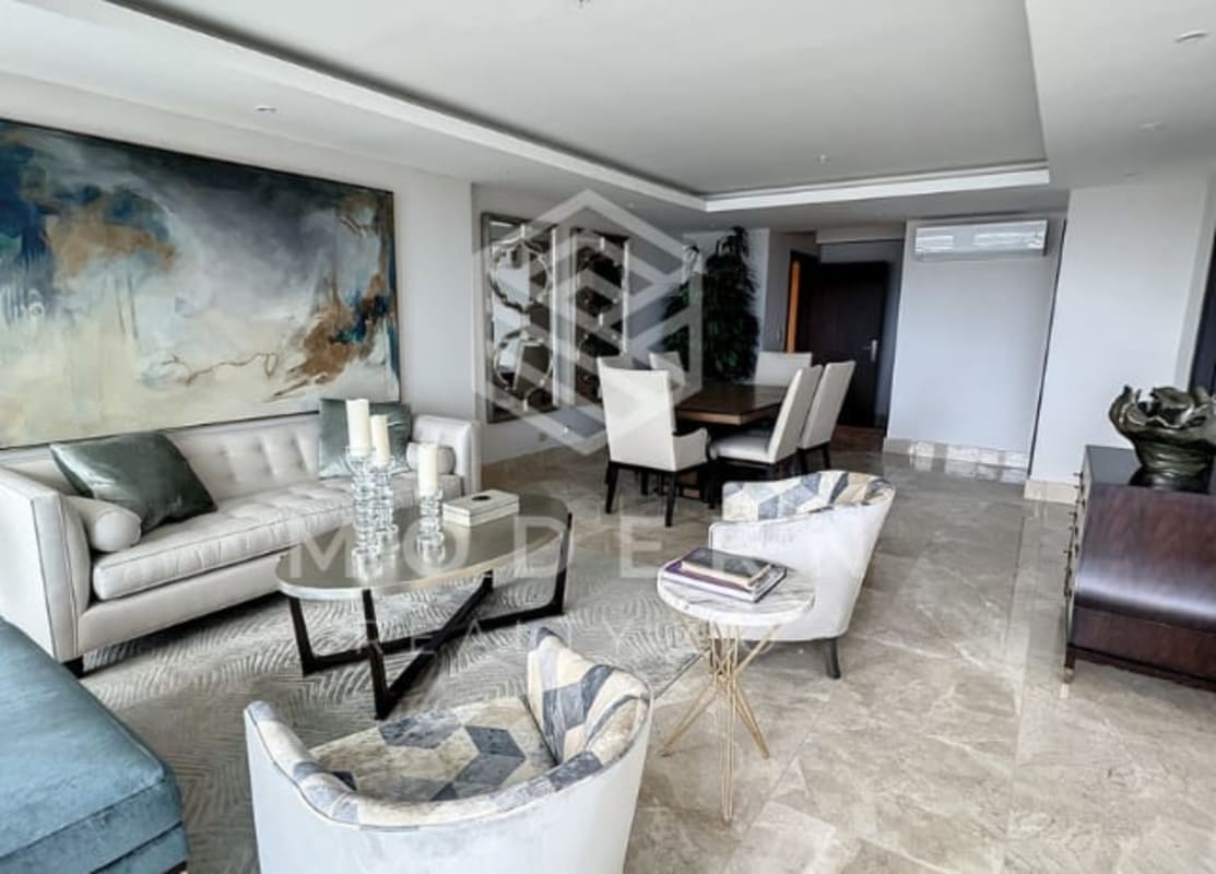 Modern dining and living area open plan design in luxury Santa Maria Golf condo Panama