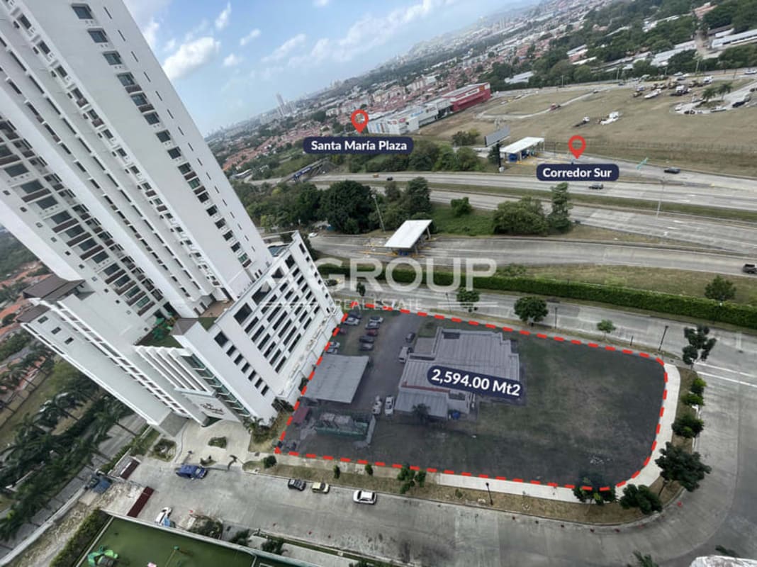 Aerial of development land next to residential tower Santa María Business District Panama