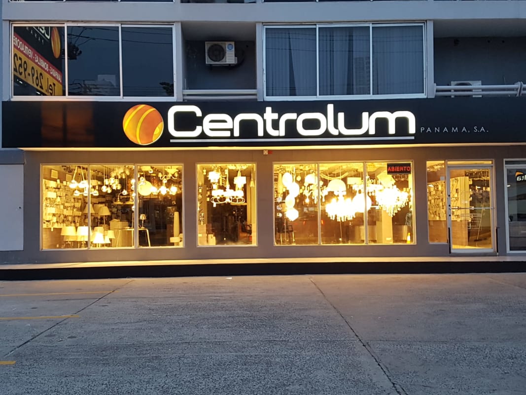 Centrolum lighting store facade with large glass windows in PH Centro Empresarial Panama City
