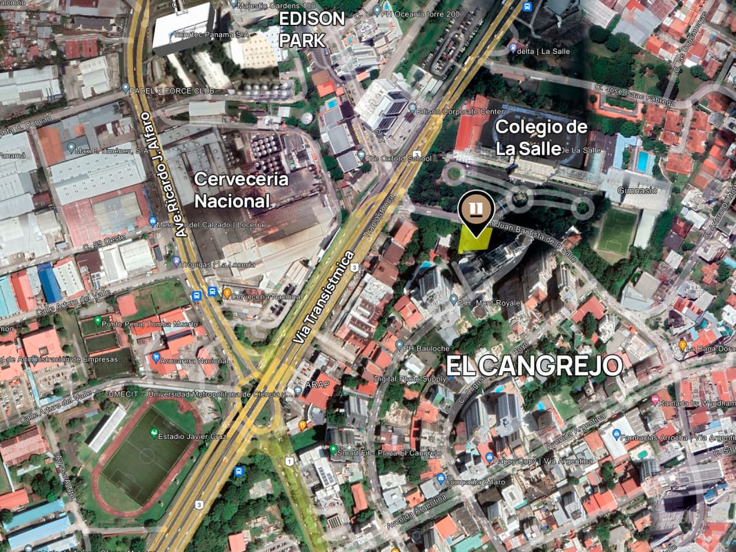 Satellite map showing development lot location near Colegio La Salle Via Argentina in El Cangrejo Panama City