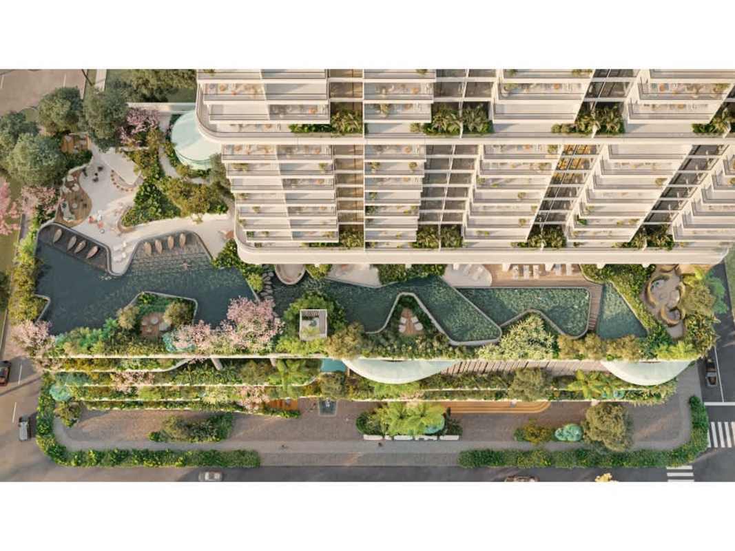 Modern open-plan living dining with balcony city skyline Bioma Costa del Este Panama