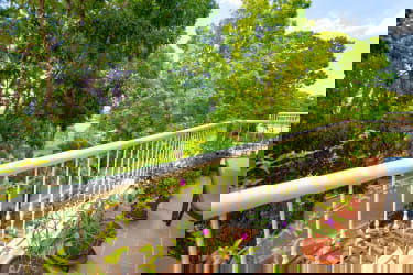 Balcony at PH Tucan with white railing overlooking lush greenery in Panama Pacifico