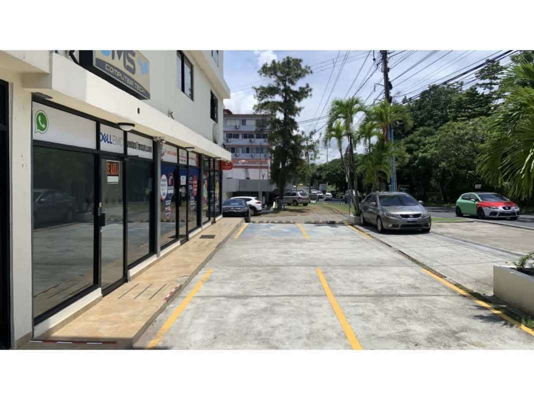 Front view commercial units with parking spaces and sidewalk Santa Elena Parque Lefevre Panama