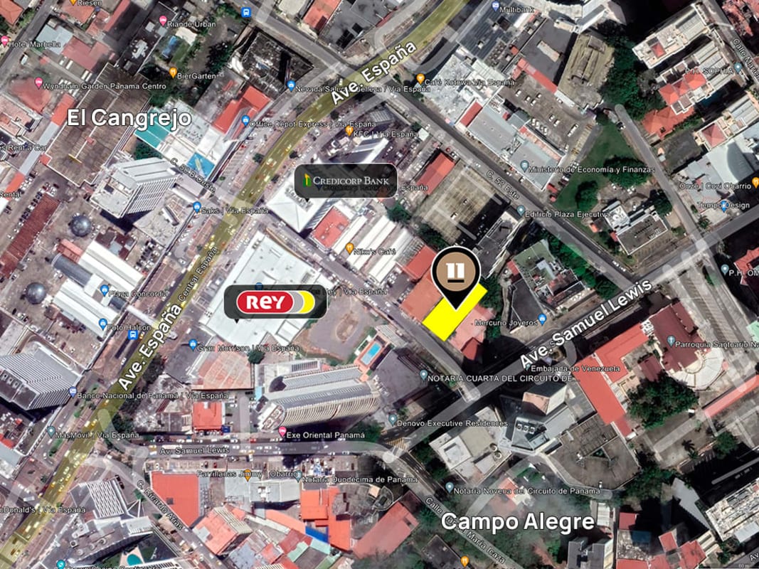Aerial satellite view of central Panama City highlighting commercial land on Vía España corner Avenue Samuel Lewis