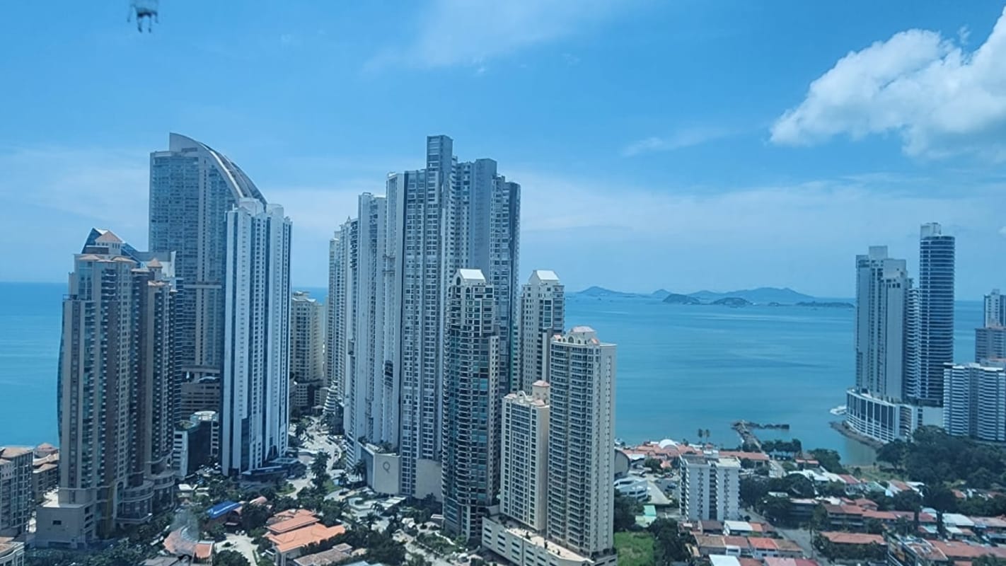 Open shell office space with concrete floors and panoramic windows in Punta Pacifica Panama