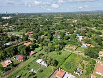 Wide aerial panorama with greenery and city skyline near beachside Panama