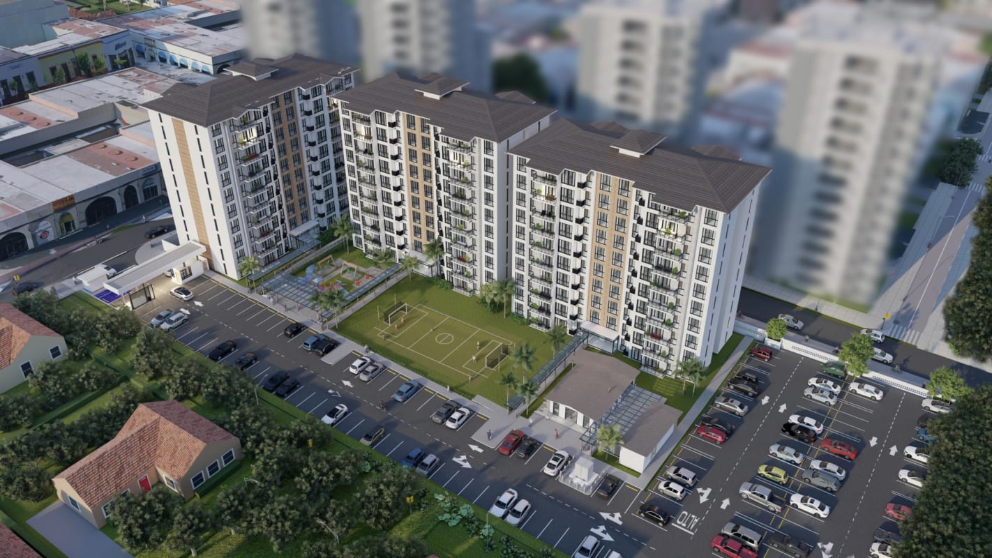 Aerial rendering of Parque Las Acacias with sports court, children playground, parking and buildings Don Bosco Panama