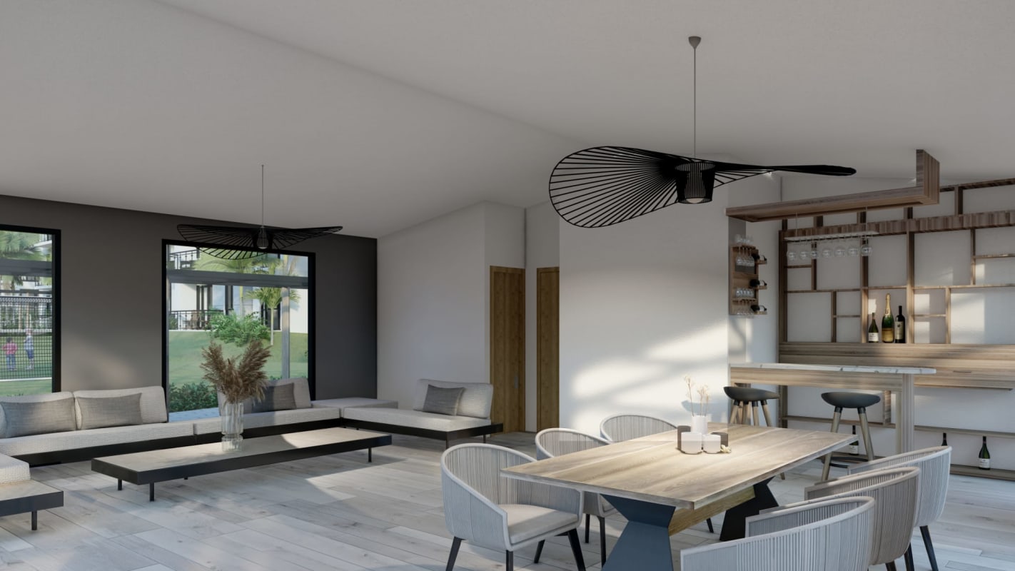 Modern open concept living room with dining and bar, large windows, parquet floors in Parque Las Acacias Panama