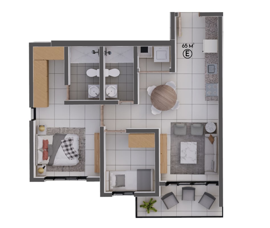 Modern two-bedroom apartment floor plan with balcony kitchen living dining area Parque Las Acacias Panama