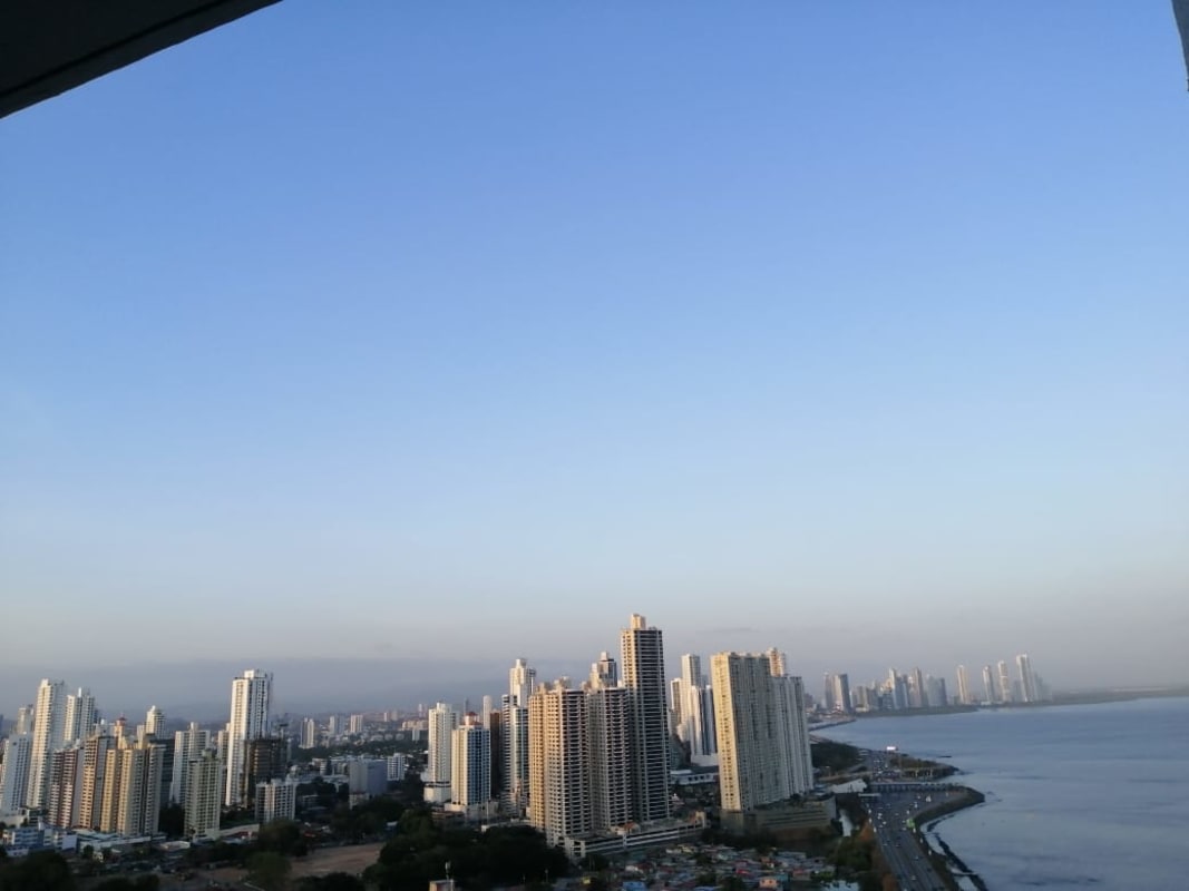 Aerial coastline view Punta Pacifica Panama skyscrapers including PH Ocean Club