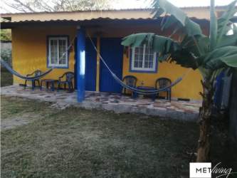 Green spacious backyard enclosed with a yellow wall and trees in Las Lajas Chame Panama