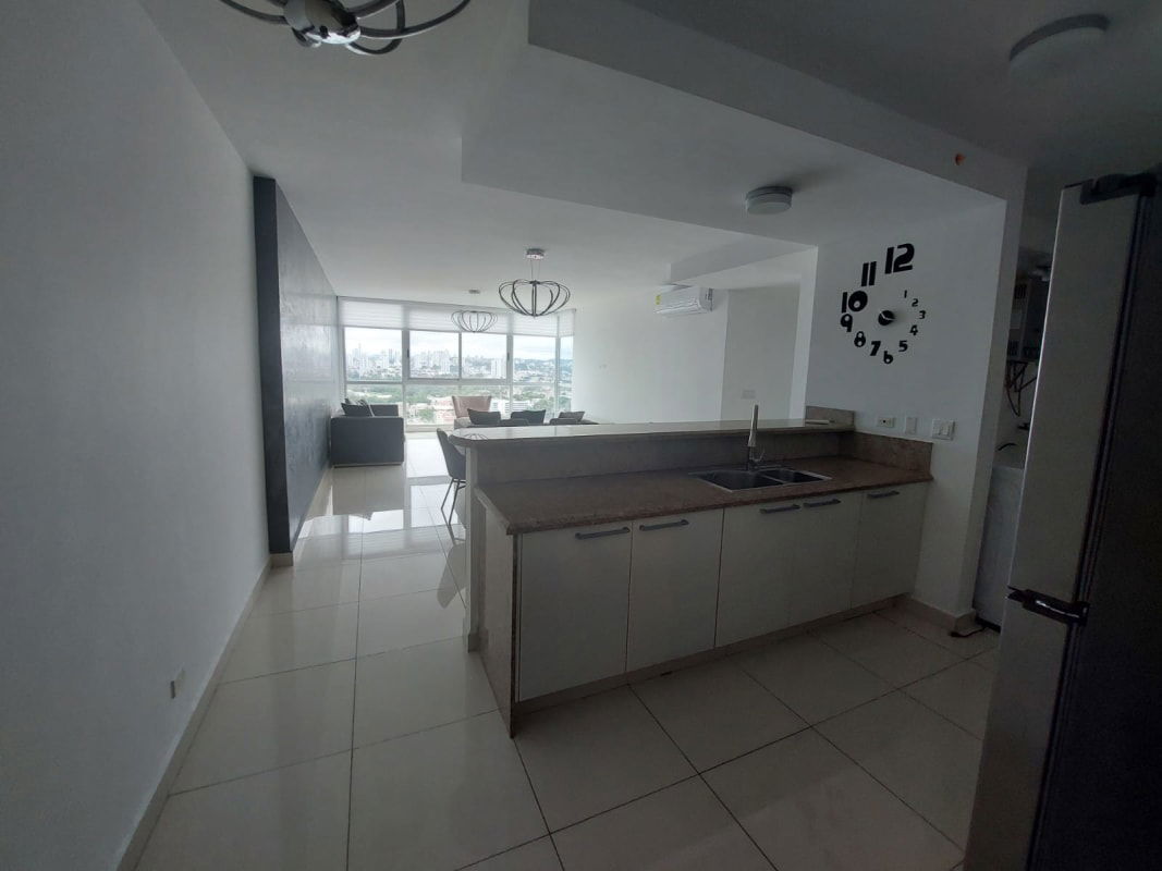 Bright bedroom with panoramic window city skyline Costa del Este rental apartment Panama