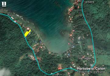 Aerial map showing location of beachfront property coastline jungle Portobelo Colon Panama facing Isla Grande