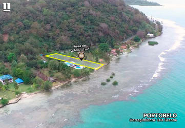 Drone aerial outlined beachfront property Isla Grande Portobelo Costa Arriba Colon Panama clear shallow beach