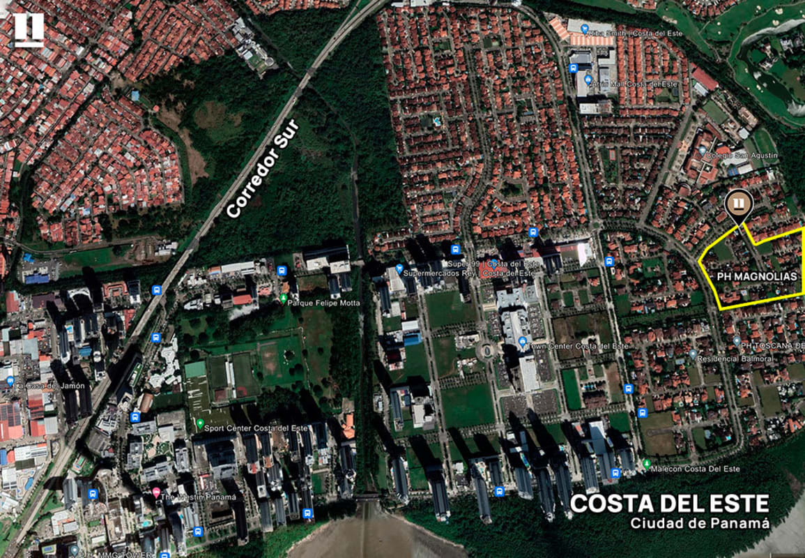 Aerial map showing Costa del Este neighborhood, Town Center and highlighted Magnolias residential complex Panama City