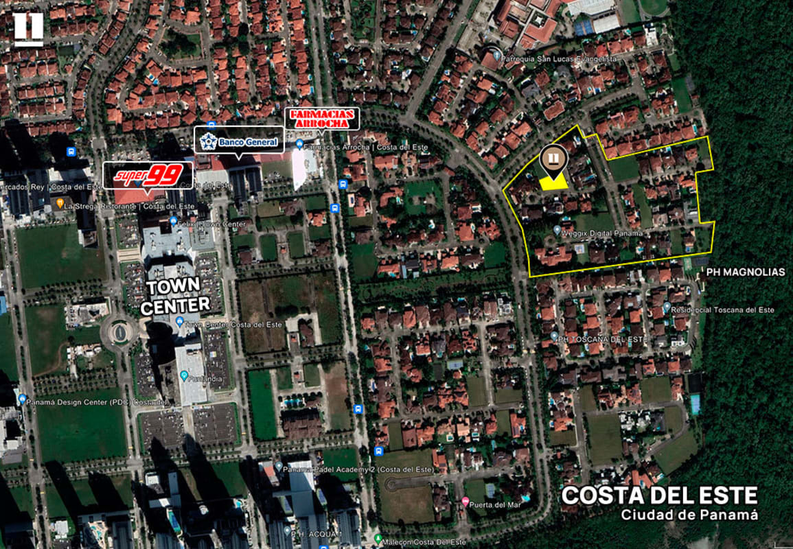 Aerial neighborhood plan showing PH Magnolias gated complex and Town Center Costa del Este Panama City