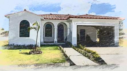 Front exterior of finished Mediterranean style house with red tile roof at Hacienda Pacifica