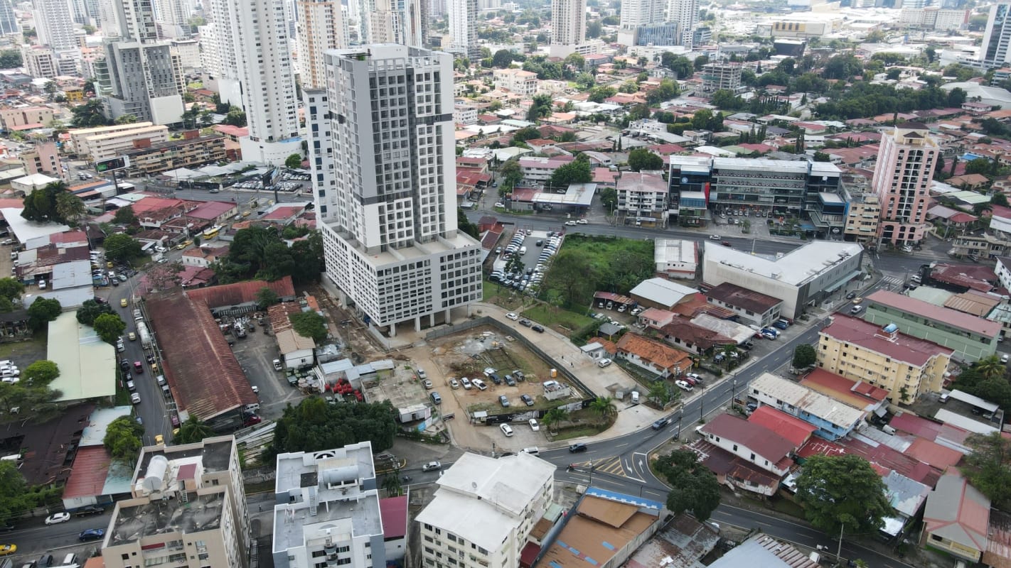 Panama City skyline with development sites, towers, streets near Coco del Mar