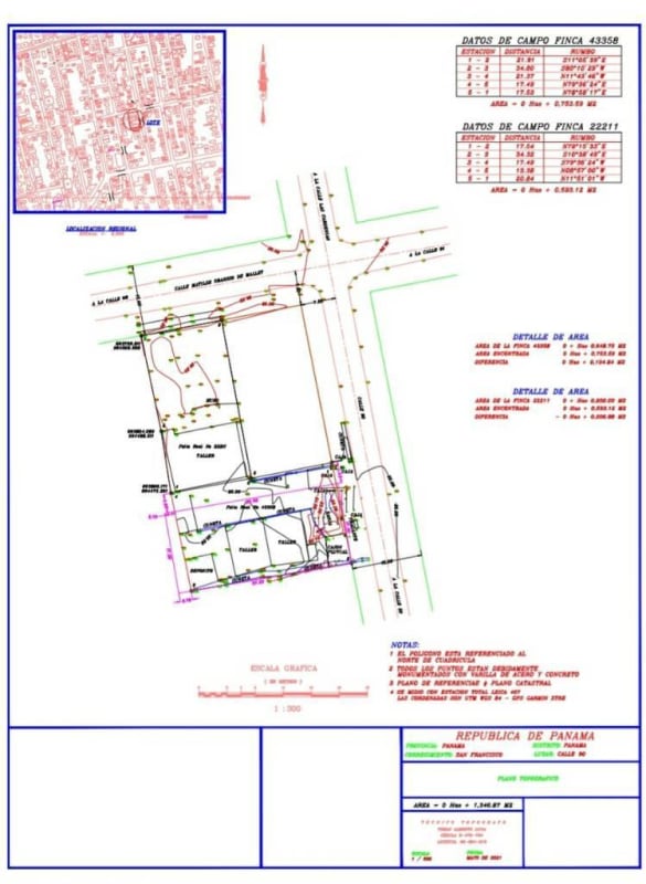 Technical survey showing exact land measurements and zoning in San Francisco Panama