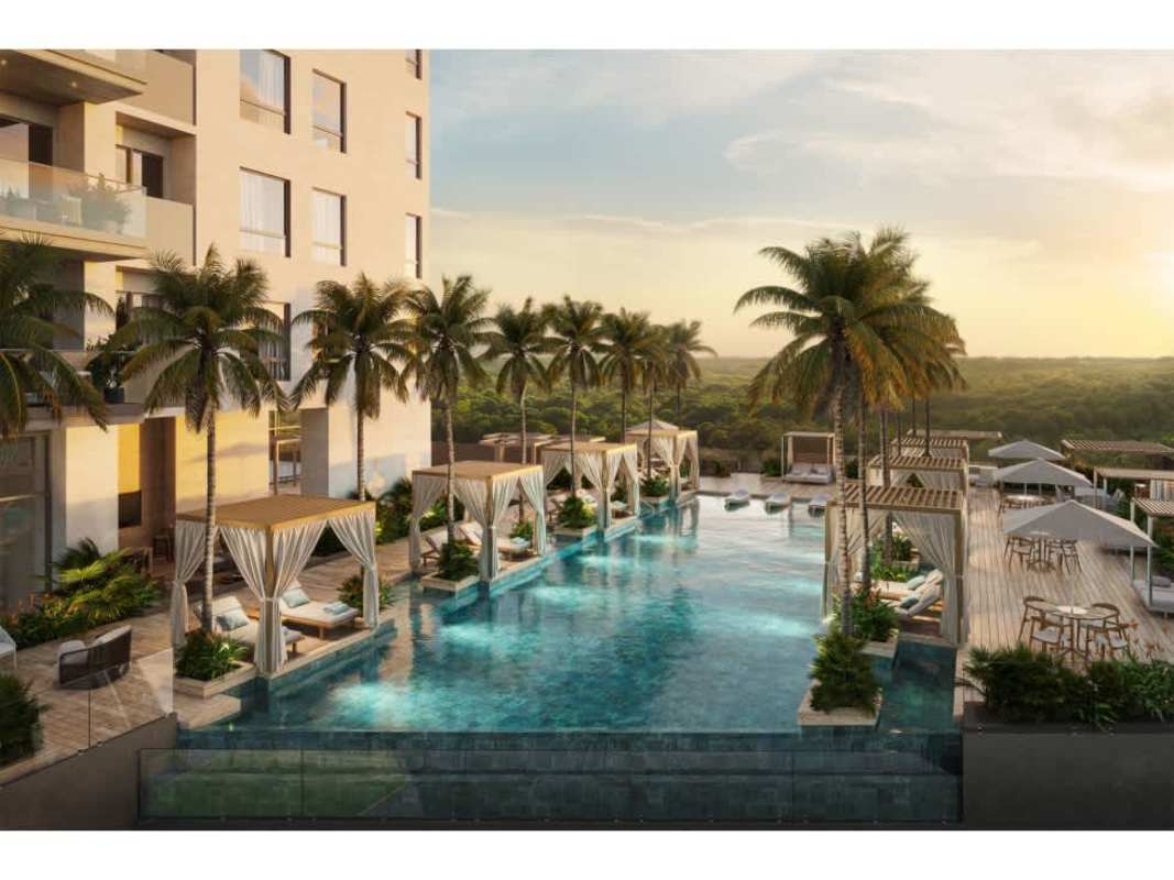 Elegant lobby lounge with contemporary design and greenery at PH Corotú Santa María luxury condos Panama