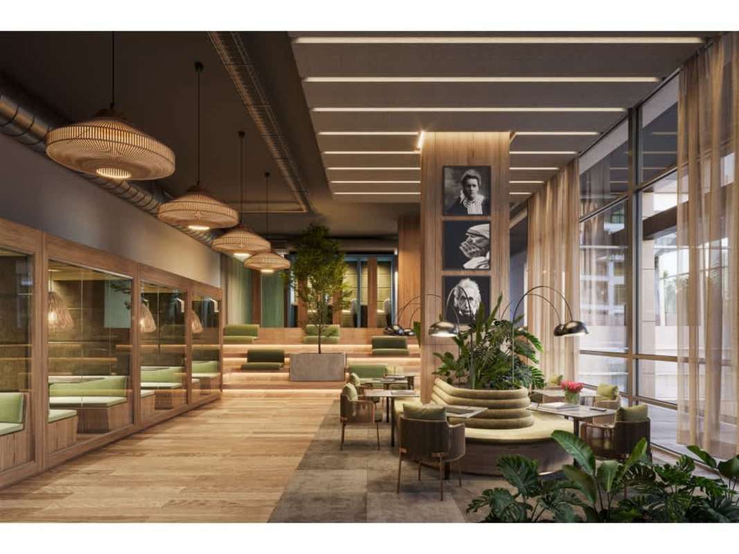 Modern reception area with wood and marble finish at PH Corotú Santa María Panama