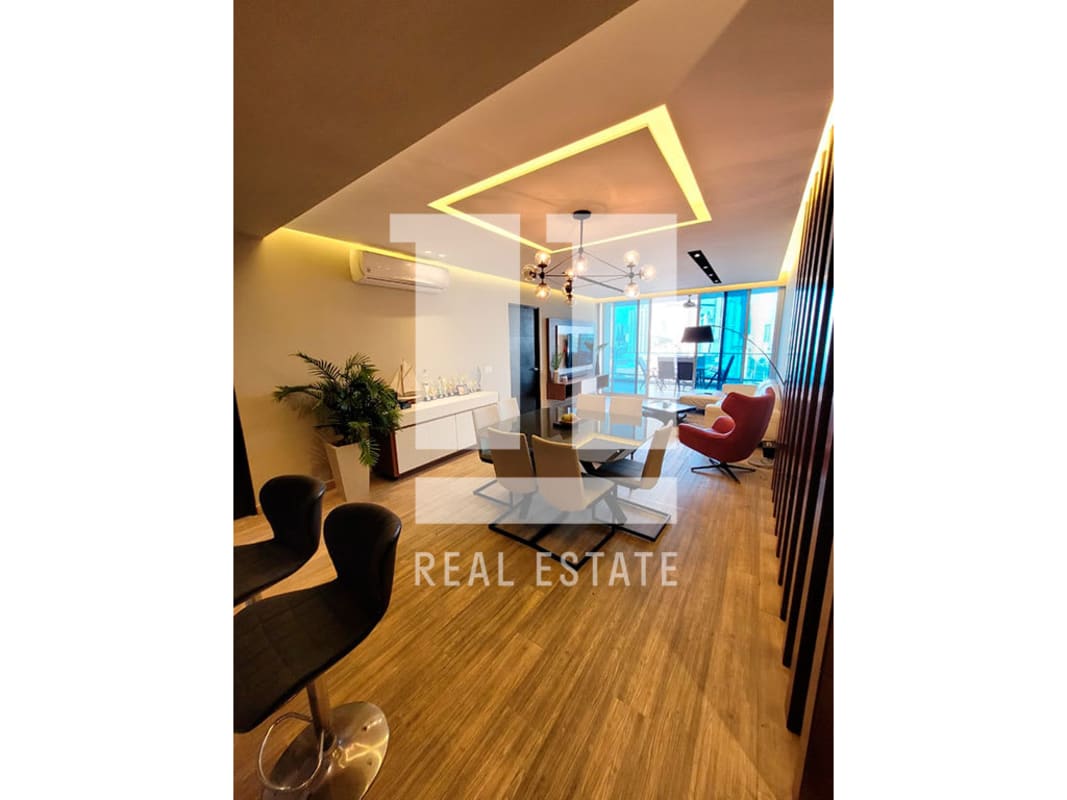 Contemporary kitchen with bar counter and appliances at PH Destiny on Avenida Balboa Panama