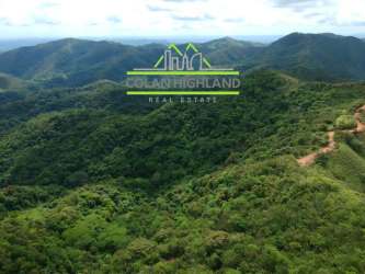 Aerial view of dense green valley forests with mountain backdrop in Panama