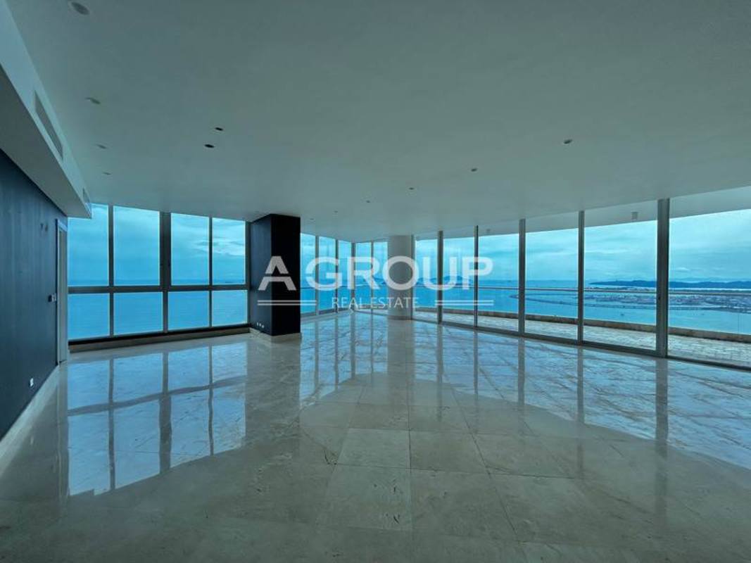 Panoramic ocean view from spacious living room modern marble floors PH The Point Paitilla