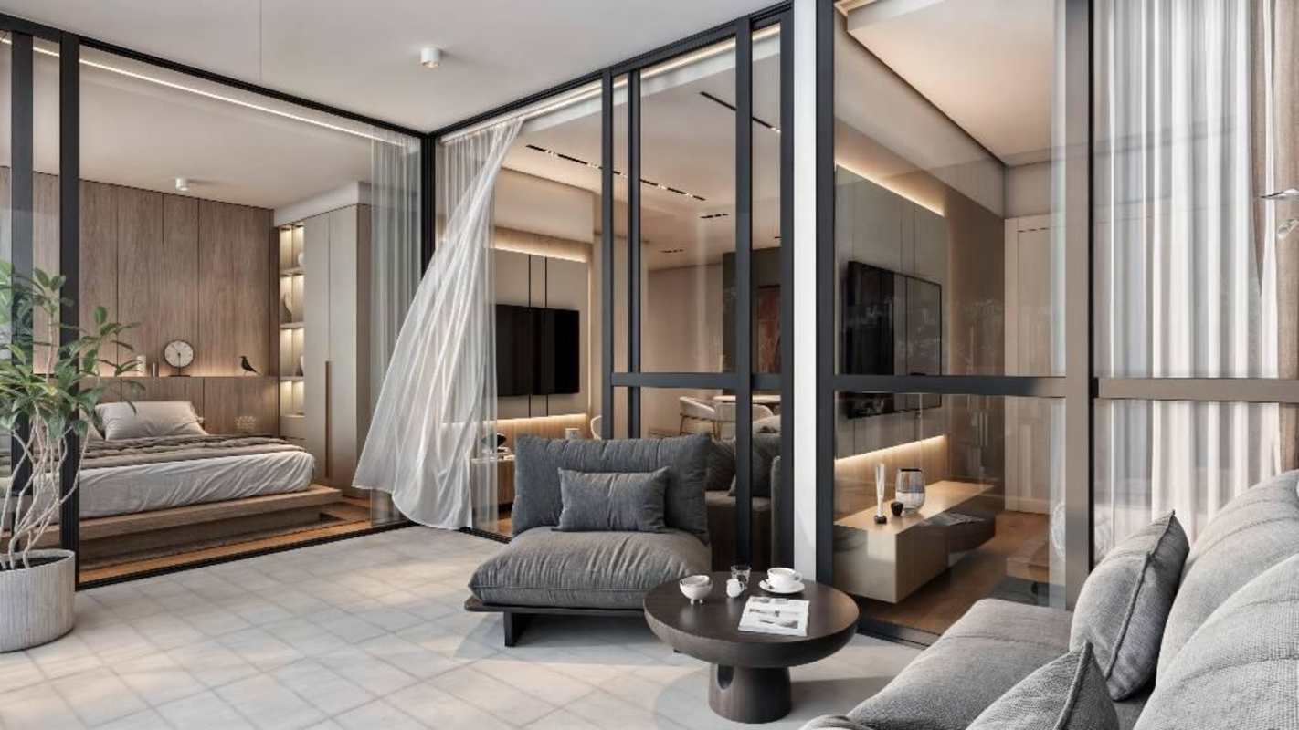 Modern furnished living area with large windows and balcony KYTE Tower Panama City