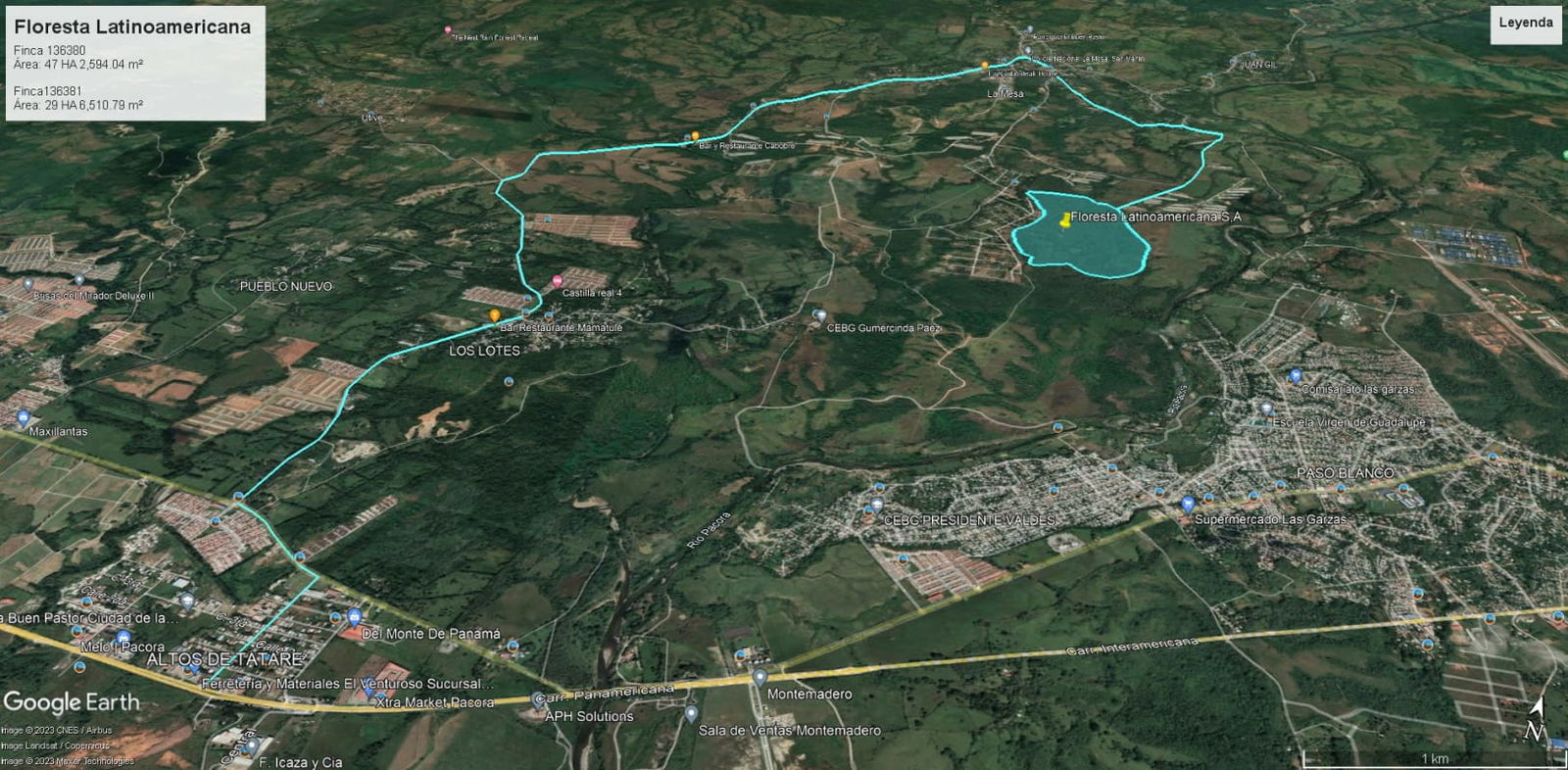 Satellite map showing boundary of 77 hectare investment land near La Mesa Panama