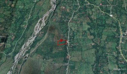 Quiet tropical paved road with palm trees leading to farmland Boquerón Chiriquí Panama