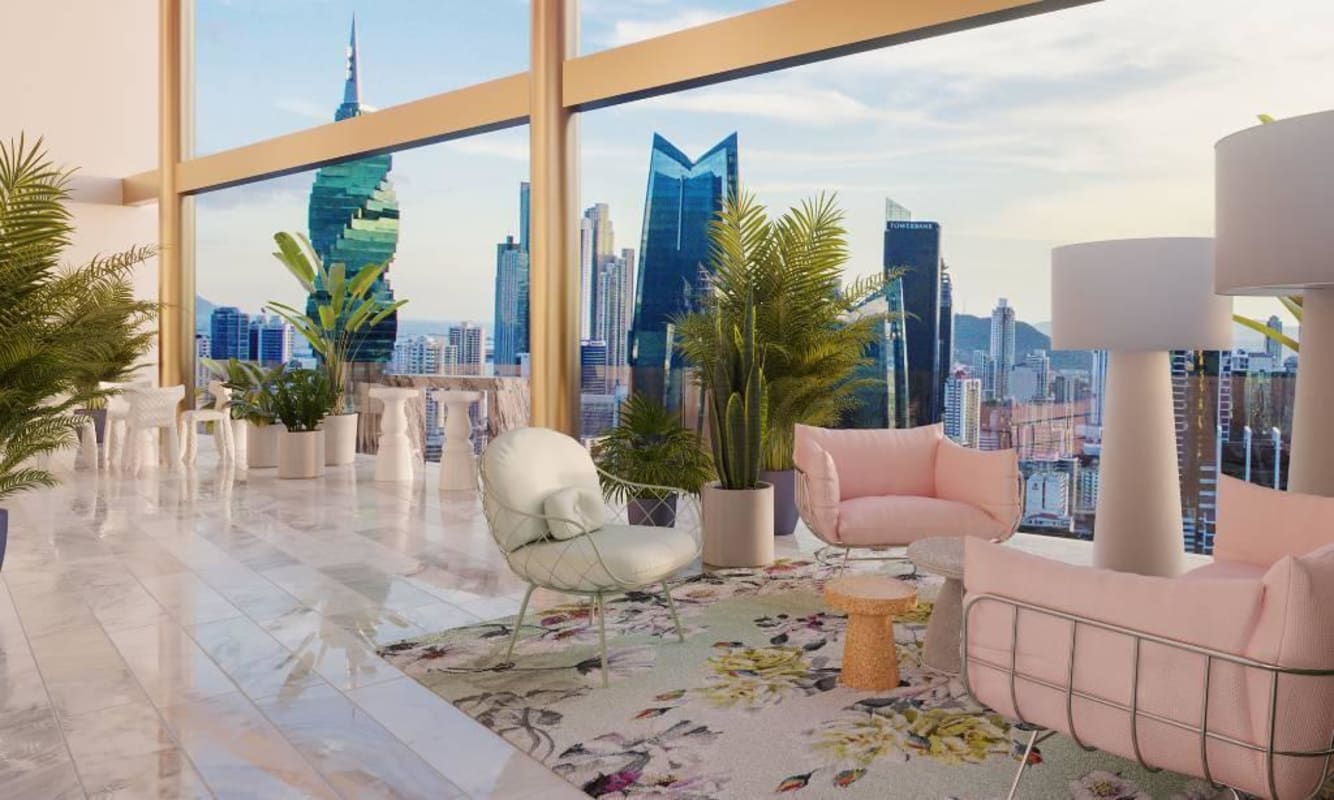 High-end designer lobby area with custom art by Marcel Wanders inside Wanders & Yoo Panama