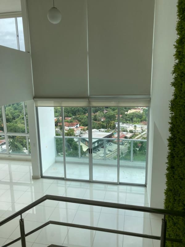 Living room with giant windows, balcony, green accent wall Park Loft