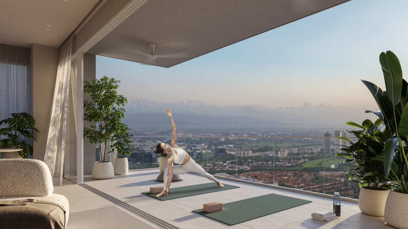 Modern master bedroom with large windows, high ceilings, and city skyline view in PH Natura Costa del Este