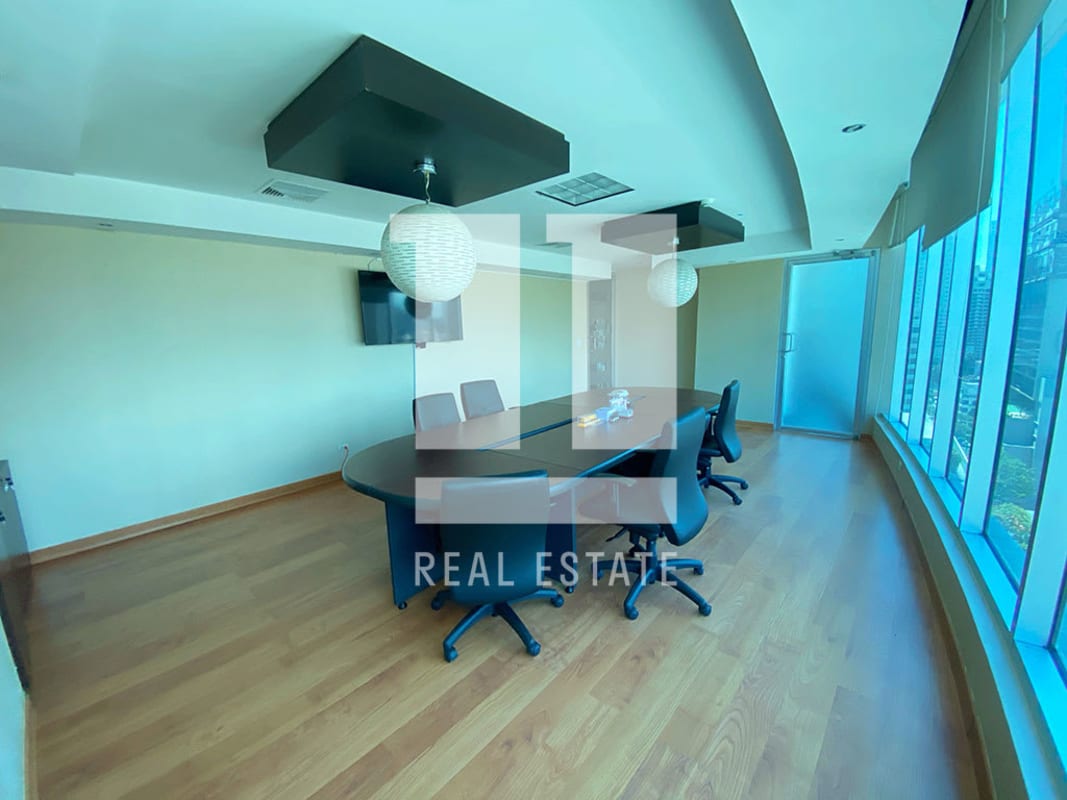 Modern conference room with large windows and panoramic views of Obarrio skyline in Ocean Business Plaza Panama