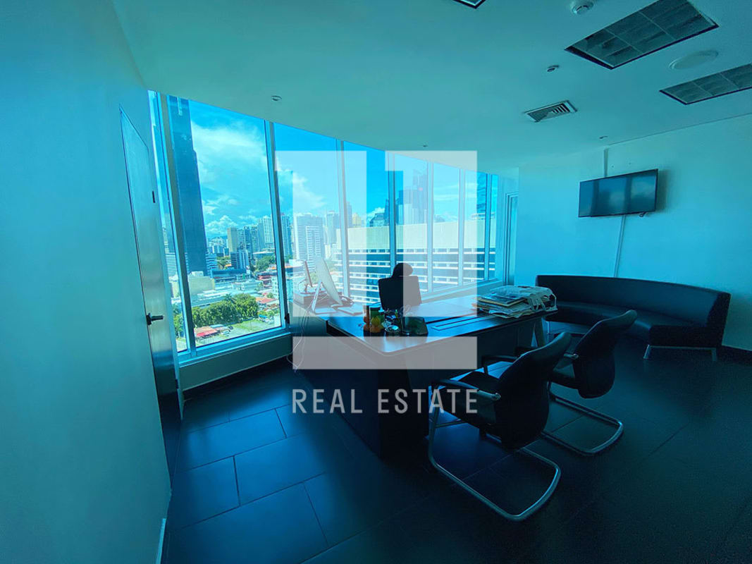 Modern kitchenette with skyline views inside commercial office at Ocean Business Plaza Obarrio Panama
