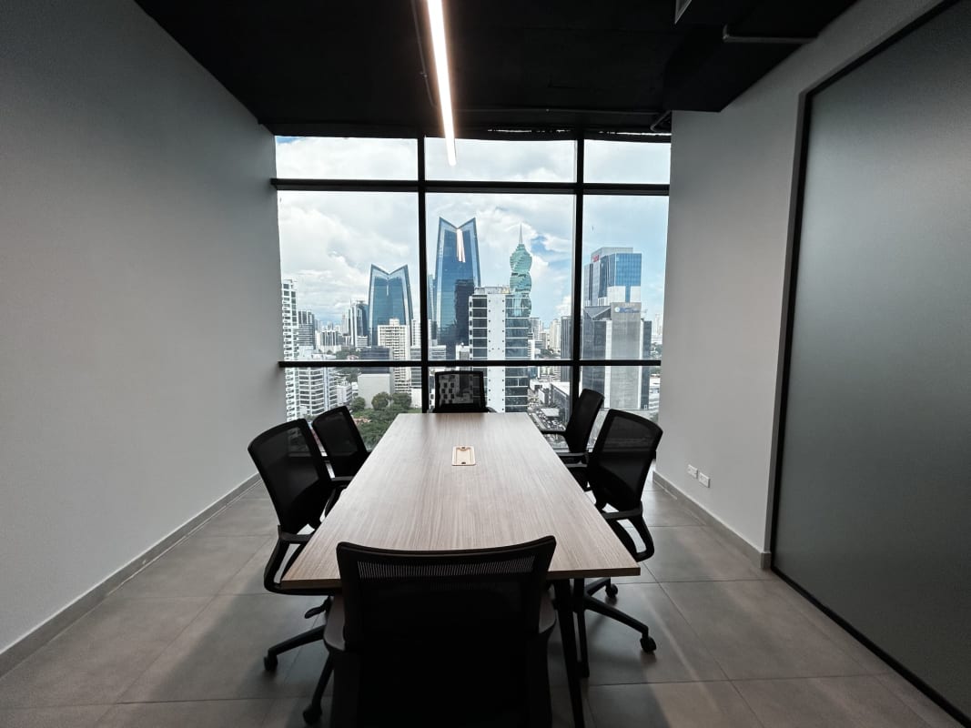Furnished open plan office space with desk clusters Tower Financial Center Calle 50 Panama City