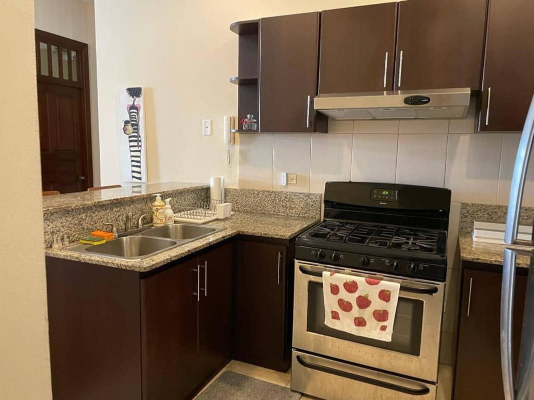Kitchen with granite countertop, stainless stove PH Casa del Mar Casco Viejo Panama City