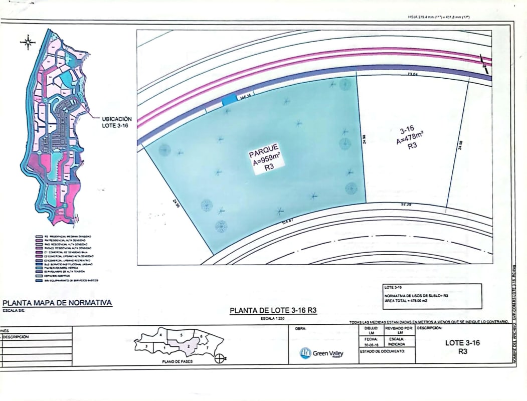 Detailed zoning and plot plan of Lot 3-16 near park area in Green Valley Panama